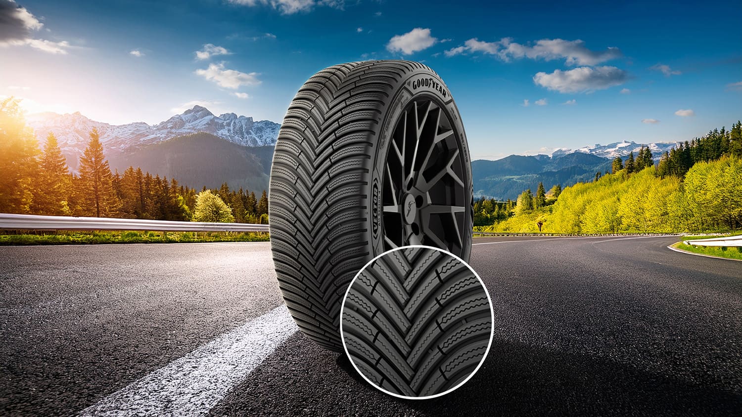 Pneu Goodyear offrant une excellente adhérence sur une route de montagne.
